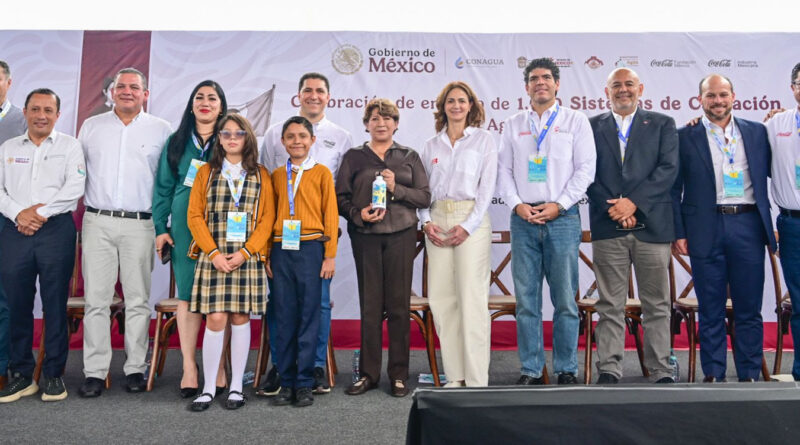 Gobernadora Delfina Gómez, Fundación Coca-Cola y Conagua celebran instalación en EdoMéx del sistema mil de captación pluvial del programa “Escuelas con Agua”